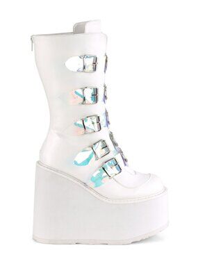 White Vegan Leather Mid-Calf Boots with Heart Metal Plate Buckle Straps